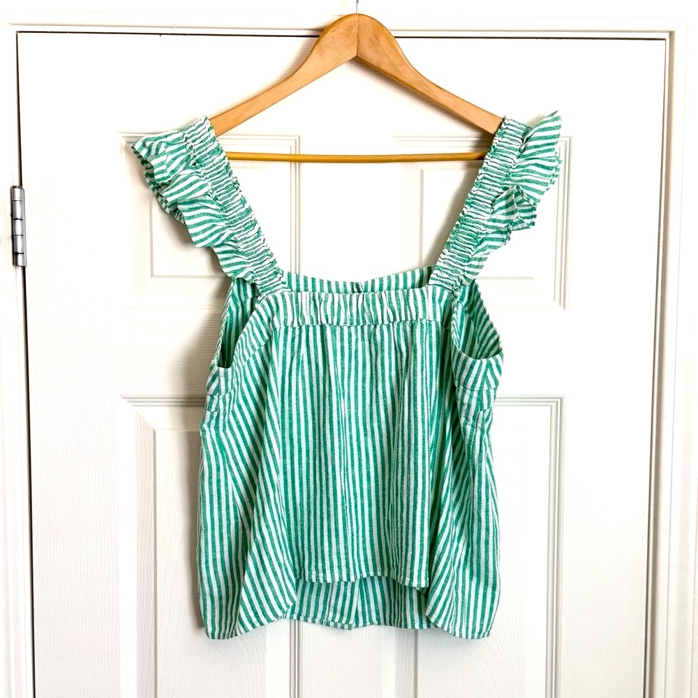 J.Crew Factory Women's Linen-Blend Button-Front Tank Top With Ruffle - Picture 3 of 4